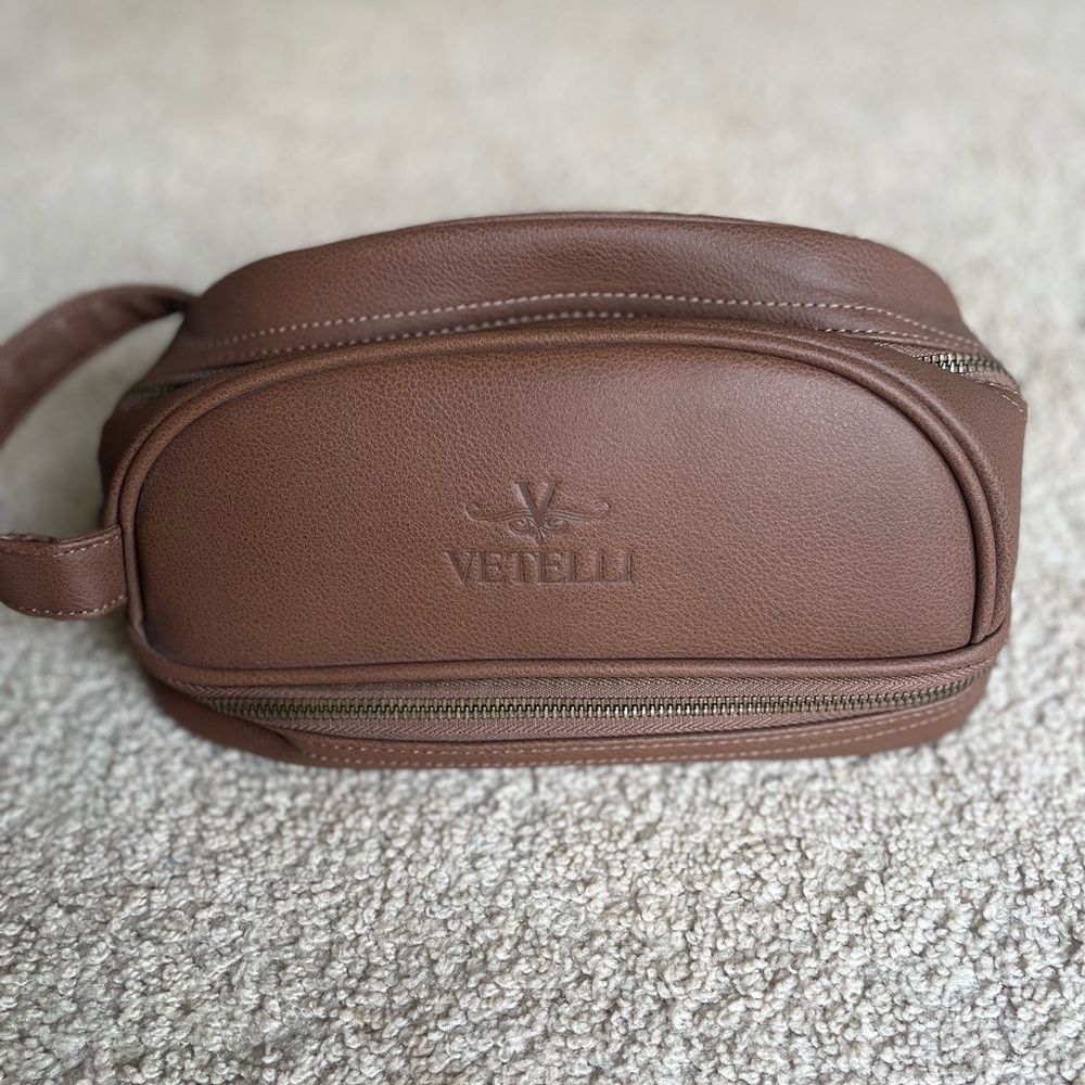 Vetelli Brown Faux Leather 2 Sectional Toiletry Dopp Travel Kit